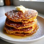 A tall stack of golden brown oatmeal pancakes topped with melting butter and dusted heavily with powdered sugar.