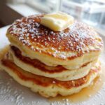 A tall stack of three fluffy oatmeal pancakes topped with melting butter, powdered sugar, and syrup.
