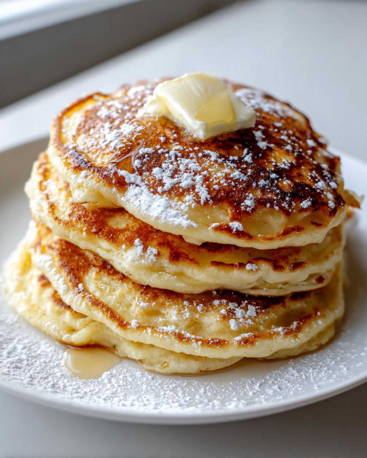 A tall stack of four golden brown oatmeal pancakes topped with a pat of melting butter and dusted heavily with powdered sugar.