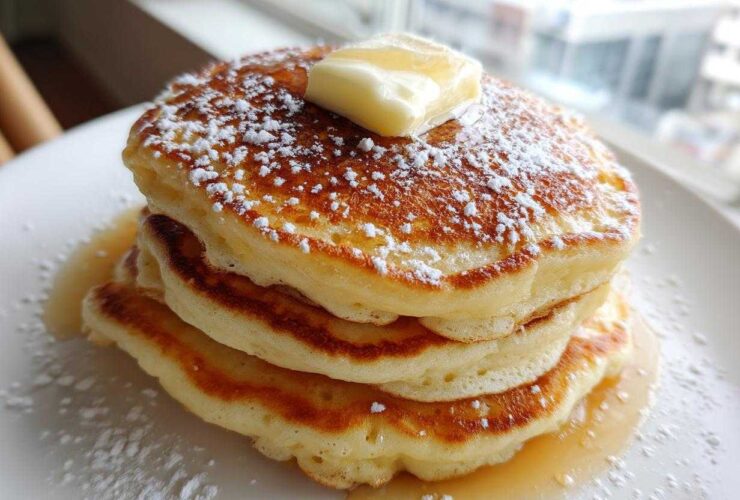 A tall stack of three fluffy oatmeal pancakes topped with melting butter, powdered sugar, and syrup.