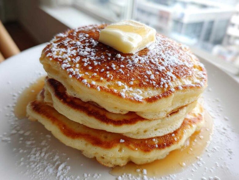 A tall stack of three fluffy oatmeal pancakes topped with melting butter, powdered sugar, and syrup.