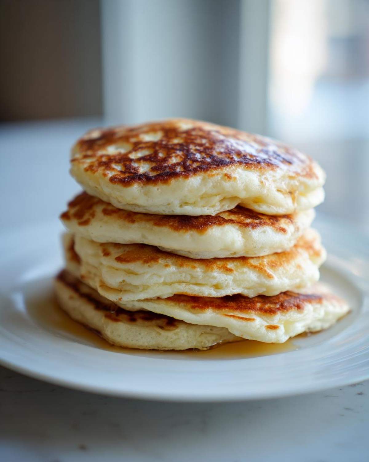 A stack of four thick, fluffy pancakes with golden brown tops sitting on a white plate with a small pool of syrup.