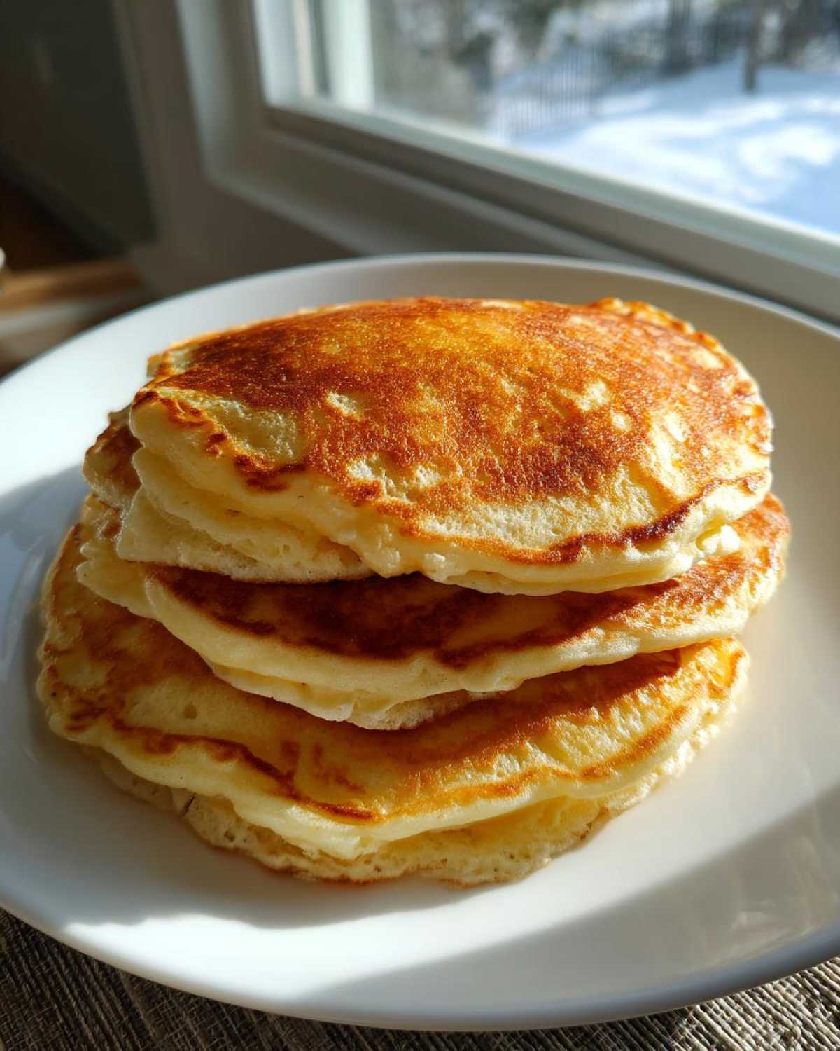 A stack of four golden brown, fluffy pancakes sitting on a white plate near a sunlit window.