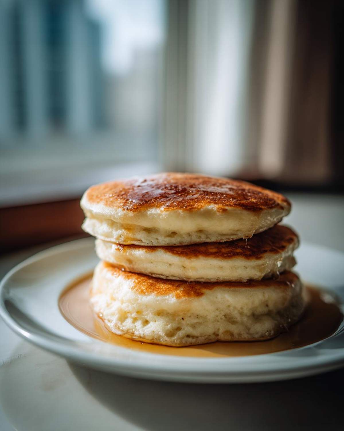 Close-up of a stack of three very fluffy pancakes drizzled with syrup on a white plate.