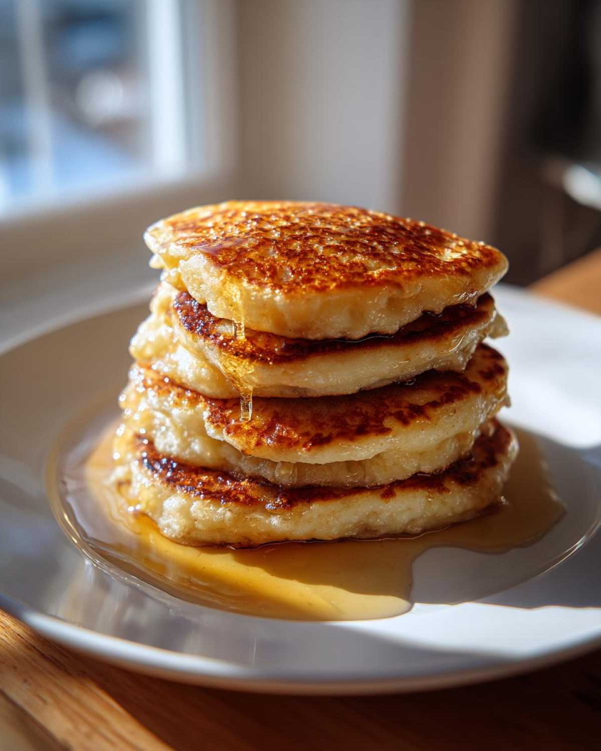 A tall stack of fluffy sourdough discard pancakes drizzled with syrup on a white plate.