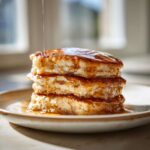 Close-up of three fluffy sourdough discard pancakes stacked high, being drizzled with golden syrup.