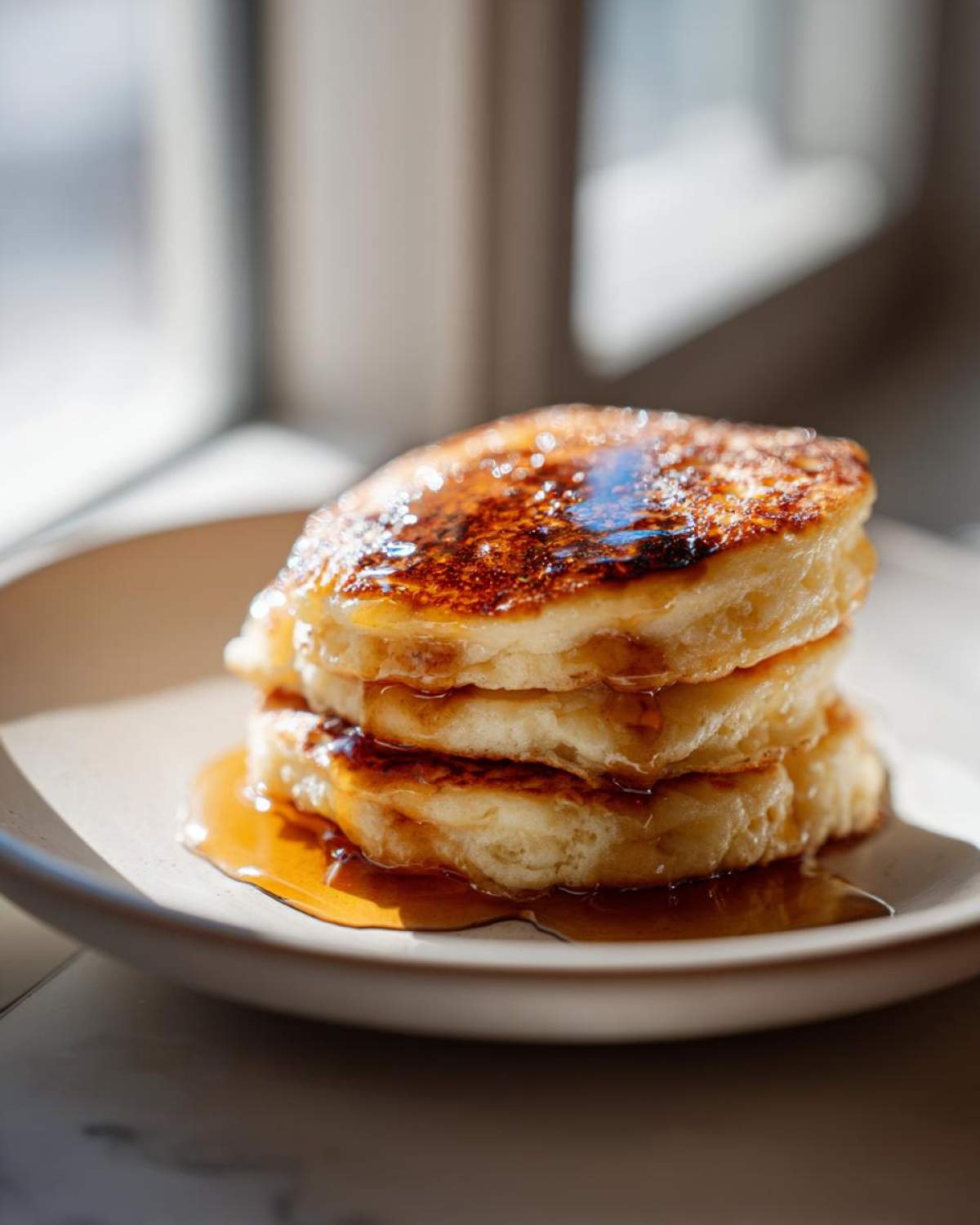 A stack of three fluffy sourdough discard pancakes drizzled generously with golden syrup.