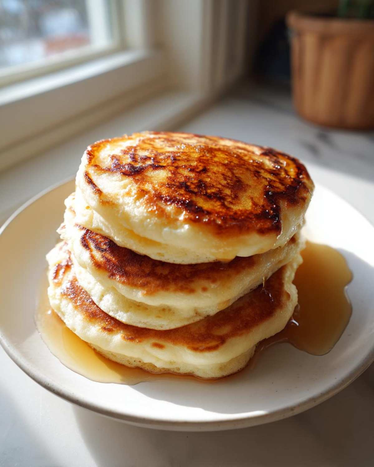 A tall stack of four fluffy sourdough discard pancakes drizzled with syrup on a white plate.