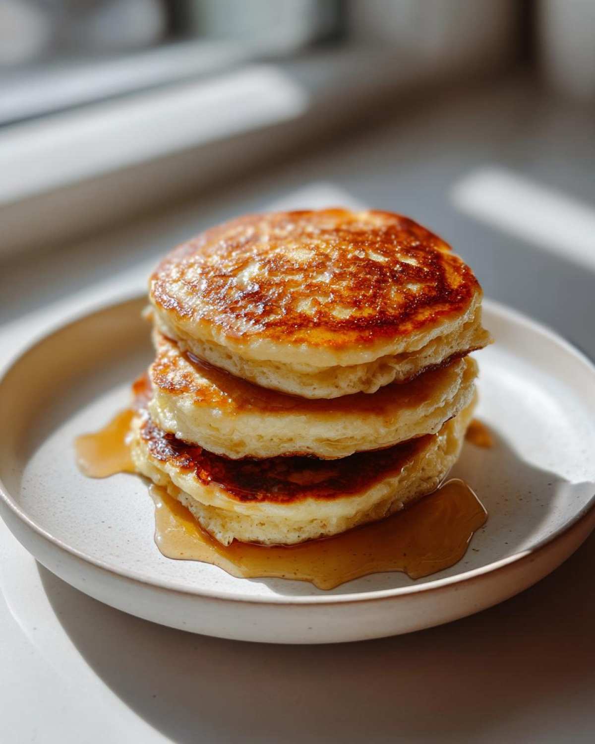 A stack of three fluffy sourdough discard pancakes drizzled with golden syrup on a light ceramic plate.