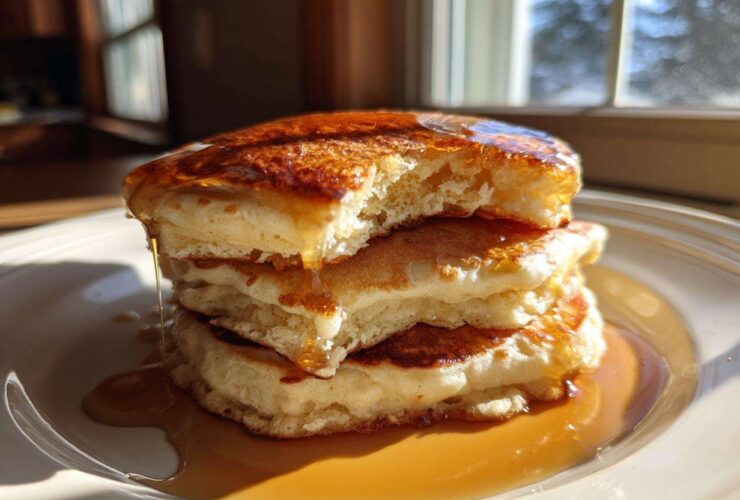 Close-up of a stack of fluffy sourdough discard pancakes dripping with golden syrup.