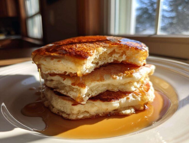 Close-up of a stack of fluffy sourdough discard pancakes dripping with golden syrup.