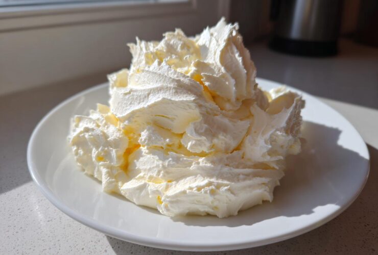 A generous mound of freshly whipped vanilla buttercream frosting sitting on a white plate, highlighted by natural light.
