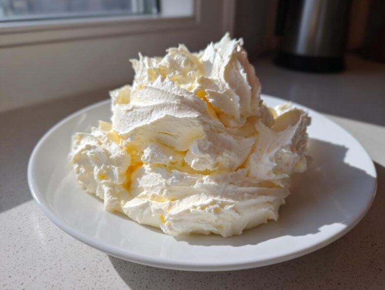 A generous mound of freshly whipped vanilla buttercream frosting sitting on a white plate, highlighted by natural light.