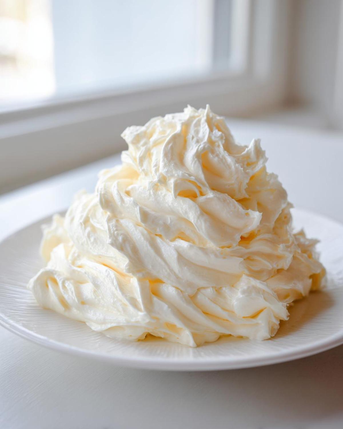 A generous swirl of fluffy, pale yellow vanilla buttercream frosting piled high on a white plate.