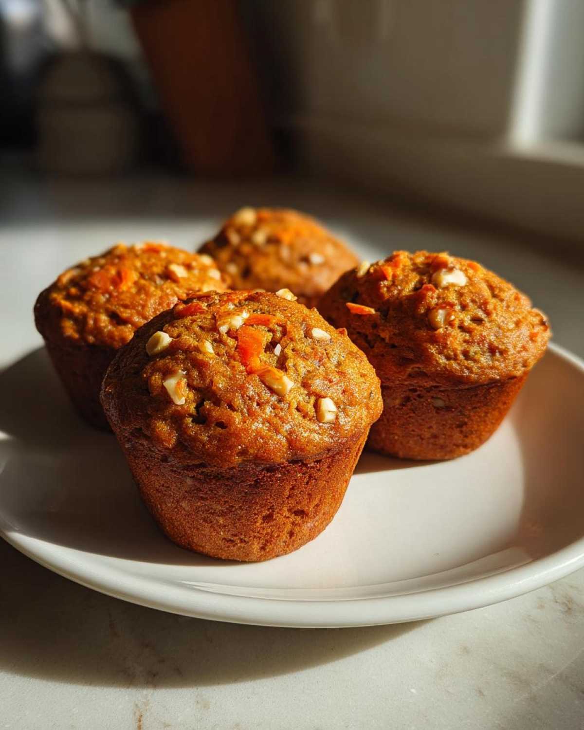 Four freshly baked morning glory muffins topped with nuts and carrots, resting on a white plate in sunlight.