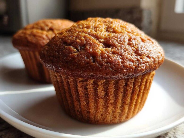 Close-up of two golden-brown, freshly baked honey bran muffins sitting on a white plate.