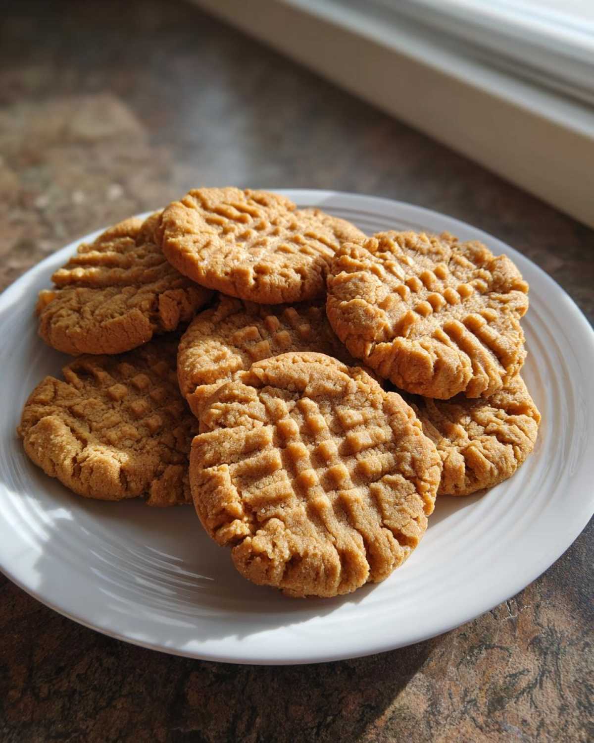 A plate stacked with freshly baked peanut butter cookies featuring classic crisscross fork marks.