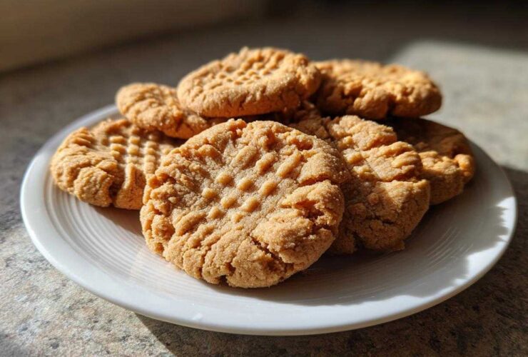 A stack of golden brown peanut butter cookies with classic crosshatch fork marks on a white plate.