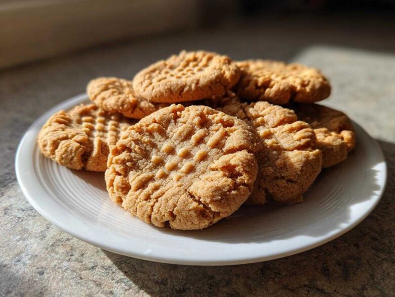 A stack of golden brown peanut butter cookies with classic crosshatch fork marks on a white plate.