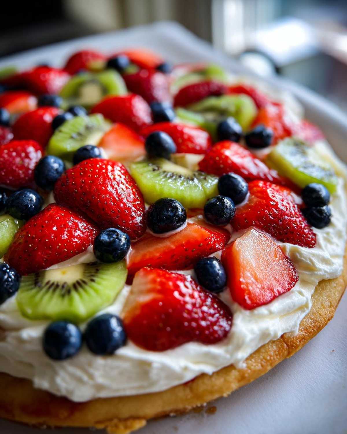 A vibrant fruit pizza sugar cookie topped with whipped cream, strawberries, kiwi slices, and blueberries.