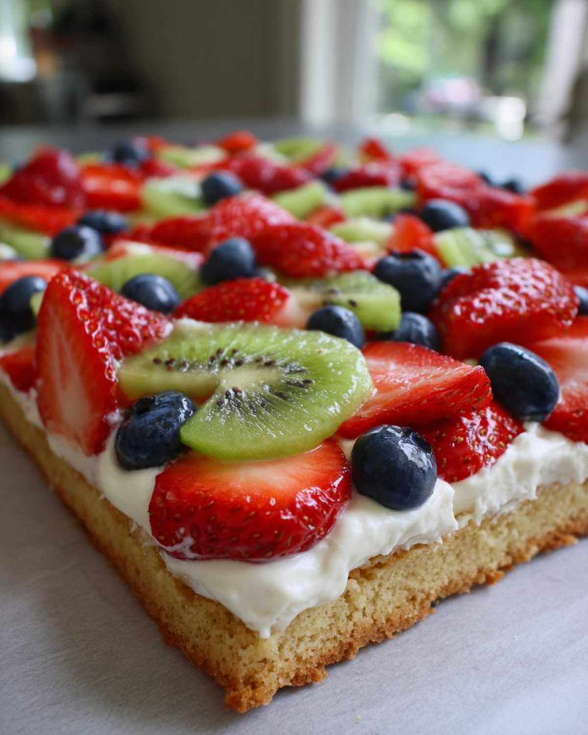 A close-up view of a fruit pizza sugar cookie topped with cream cheese frosting, strawberries, kiwi, and blueberries.