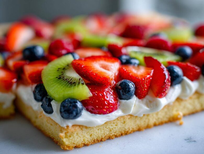 A close-up view of a slice of fruit pizza sugar cookie topped with cream cheese frosting and fresh berries.