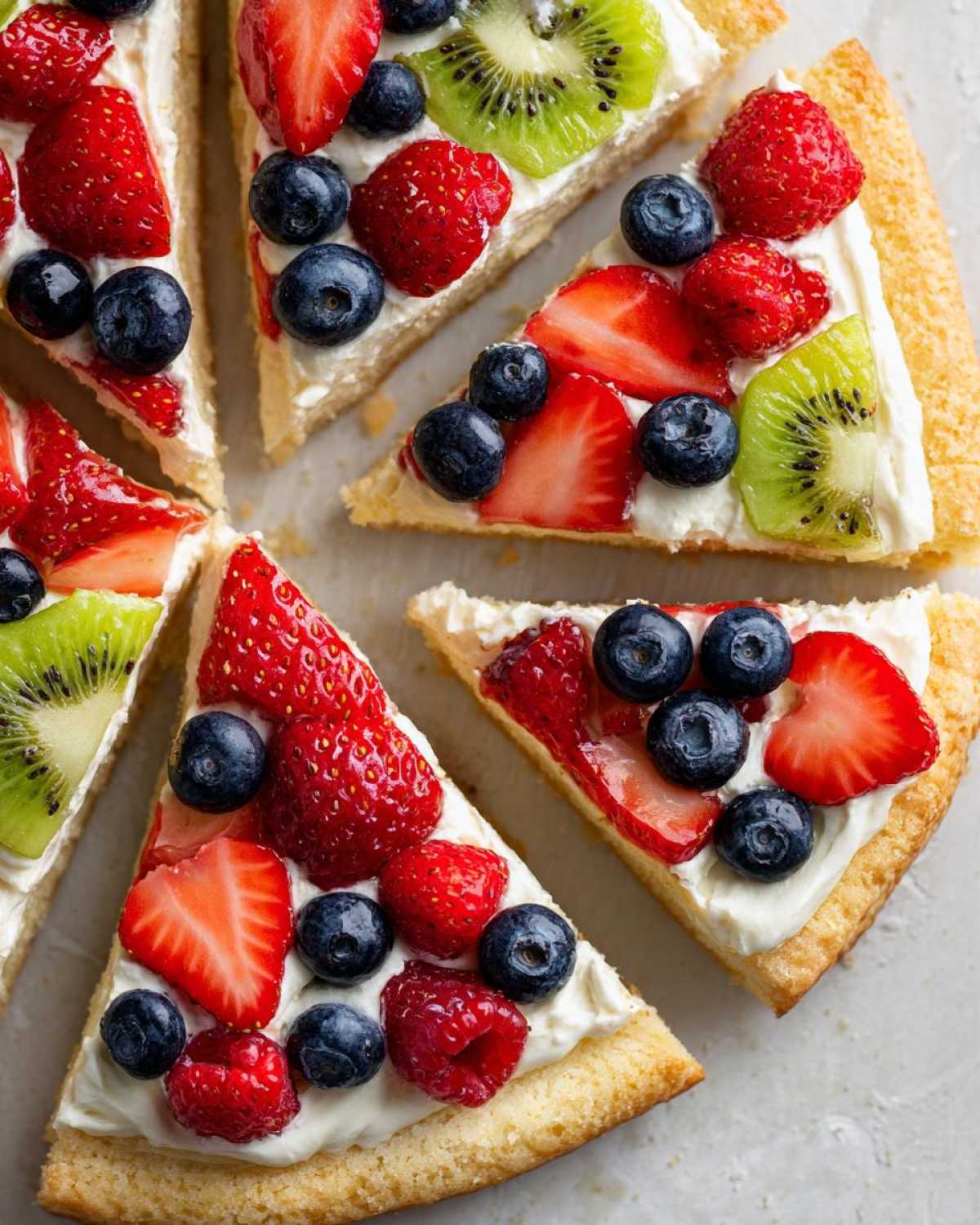 Close-up of several slices of fruit pizza sugar cookie topped with cream cheese frosting, strawberries, blueberries, and kiwi.
