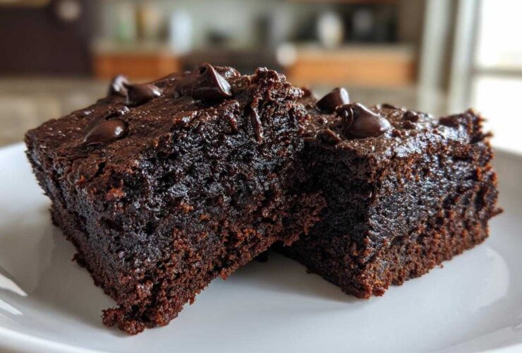 Close-up of two fudgy sweet potato brownies topped with melted chocolate chips on a white plate.