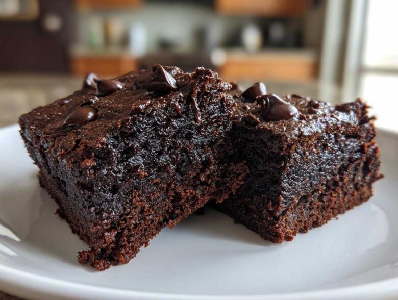 Close-up of two fudgy sweet potato brownies topped with melted chocolate chips on a white plate.