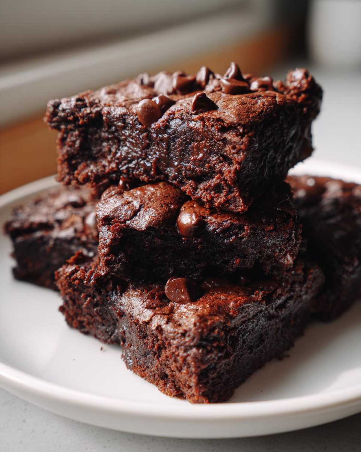 Close-up of a stack of fudgy sweet potato brownies topped with chocolate chips on a white plate.