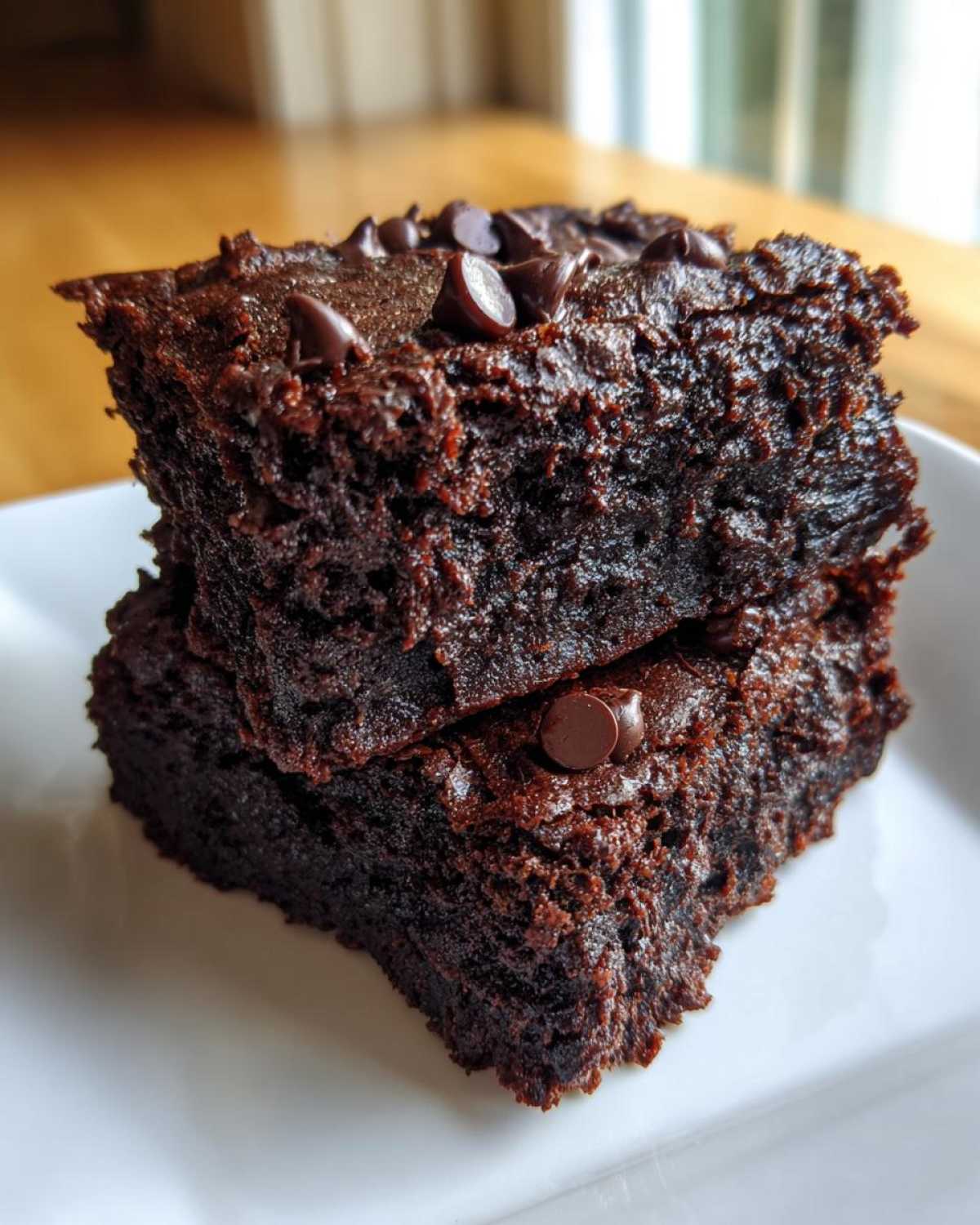 Close-up of two stacked, fudgy sweet potato brownies topped with chocolate chips on a white plate.