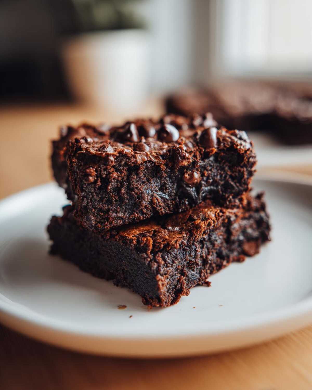Two fudgy sweet potato brownies stacked on a white plate, topped with chocolate chips.