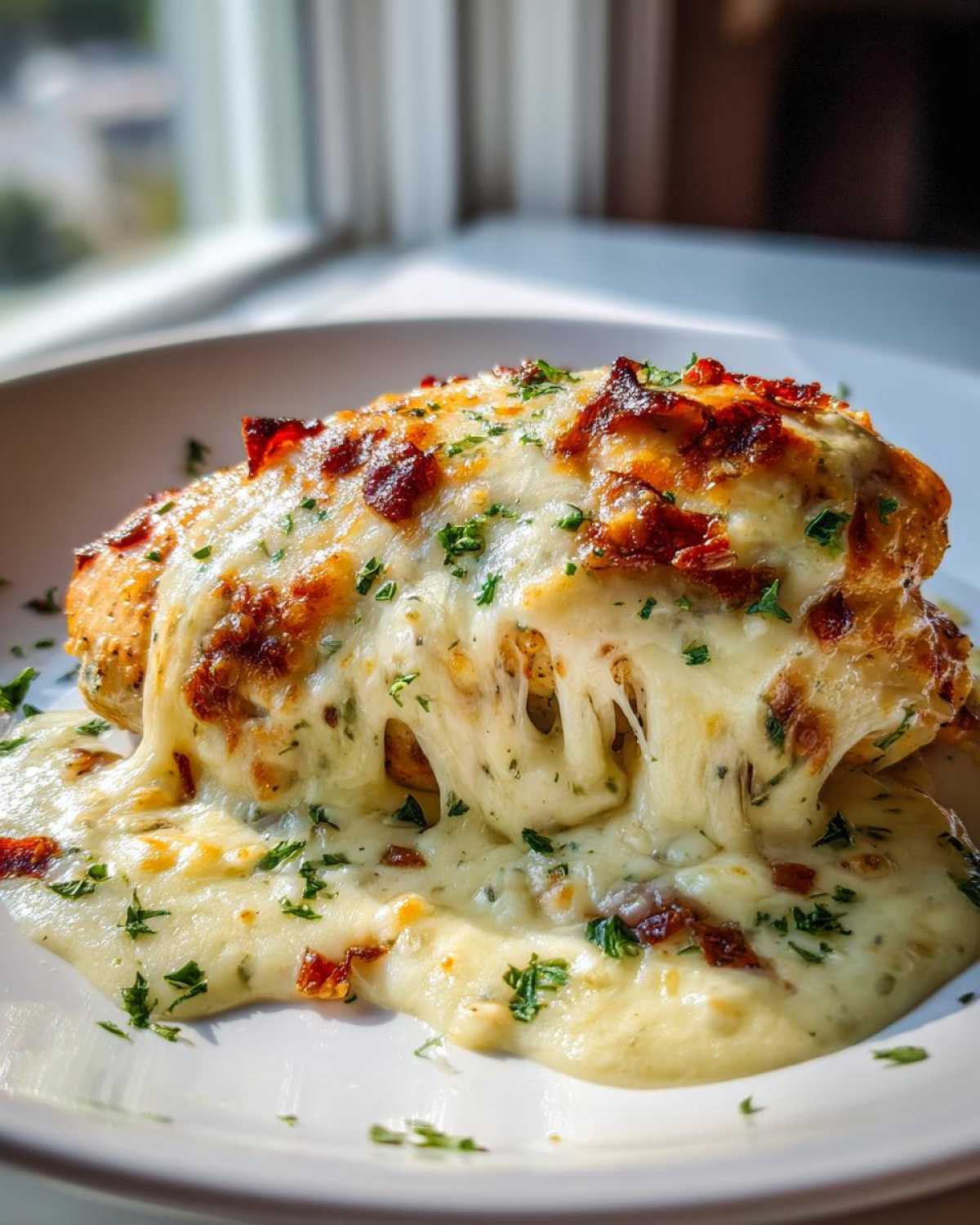 Close-up of a juicy Garlic parmesan chicken bake smothered in melted, stretchy cheese and bacon bits.