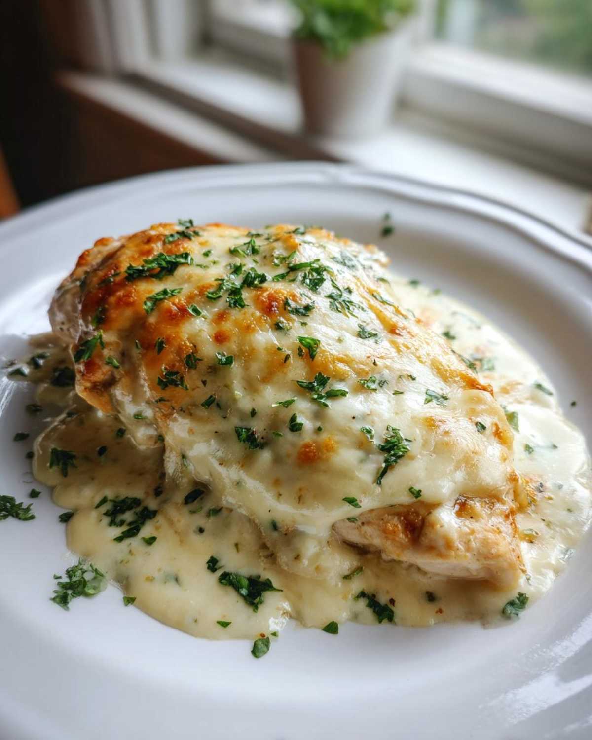 Close-up of a juicy chicken breast covered in melted cheese sauce and fresh parsley, part of the Garlic parmesan chicken bake.
