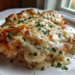 Two servings of Garlic parmesan chicken bake covered in melted, bubbly cheese and fresh parsley.
