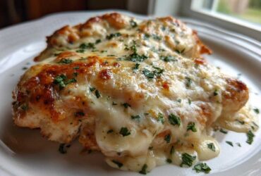 Two servings of Garlic parmesan chicken bake covered in melted, bubbly cheese and fresh parsley.