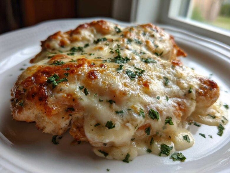 Two servings of Garlic parmesan chicken bake covered in melted, bubbly cheese and fresh parsley.
