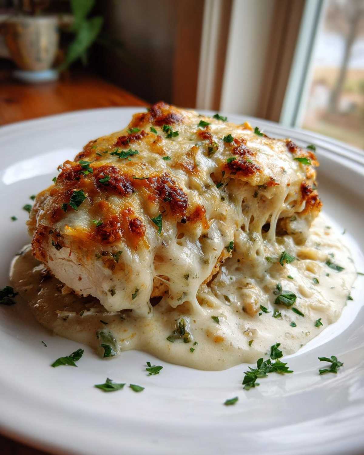 A close-up of a juicy Garlic parmesan chicken bake covered in melted, browned cheese sauce and parsley.