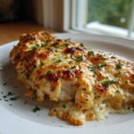 A close-up of a juicy Garlic parmesan chicken bake topped with melted, browned cheese and fresh parsley.
