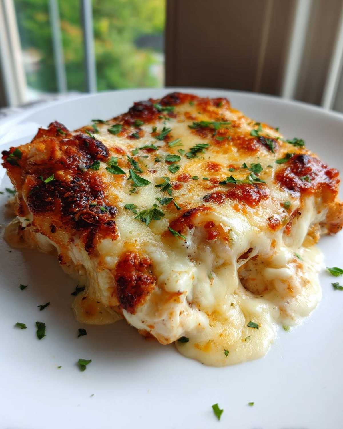 A close-up of a serving of Garlic parmesan chicken bake covered in melted, browned cheese and fresh parsley.