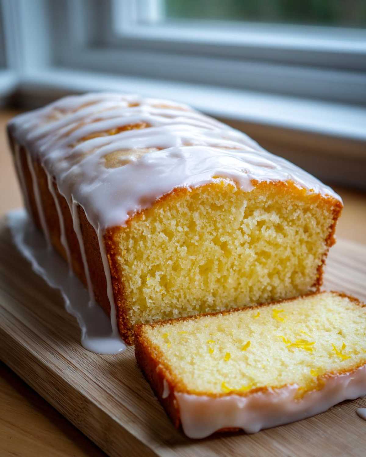 A moist lemon pound cake loaf drizzled with white glaze, with one slice cut and showing lemon zest.