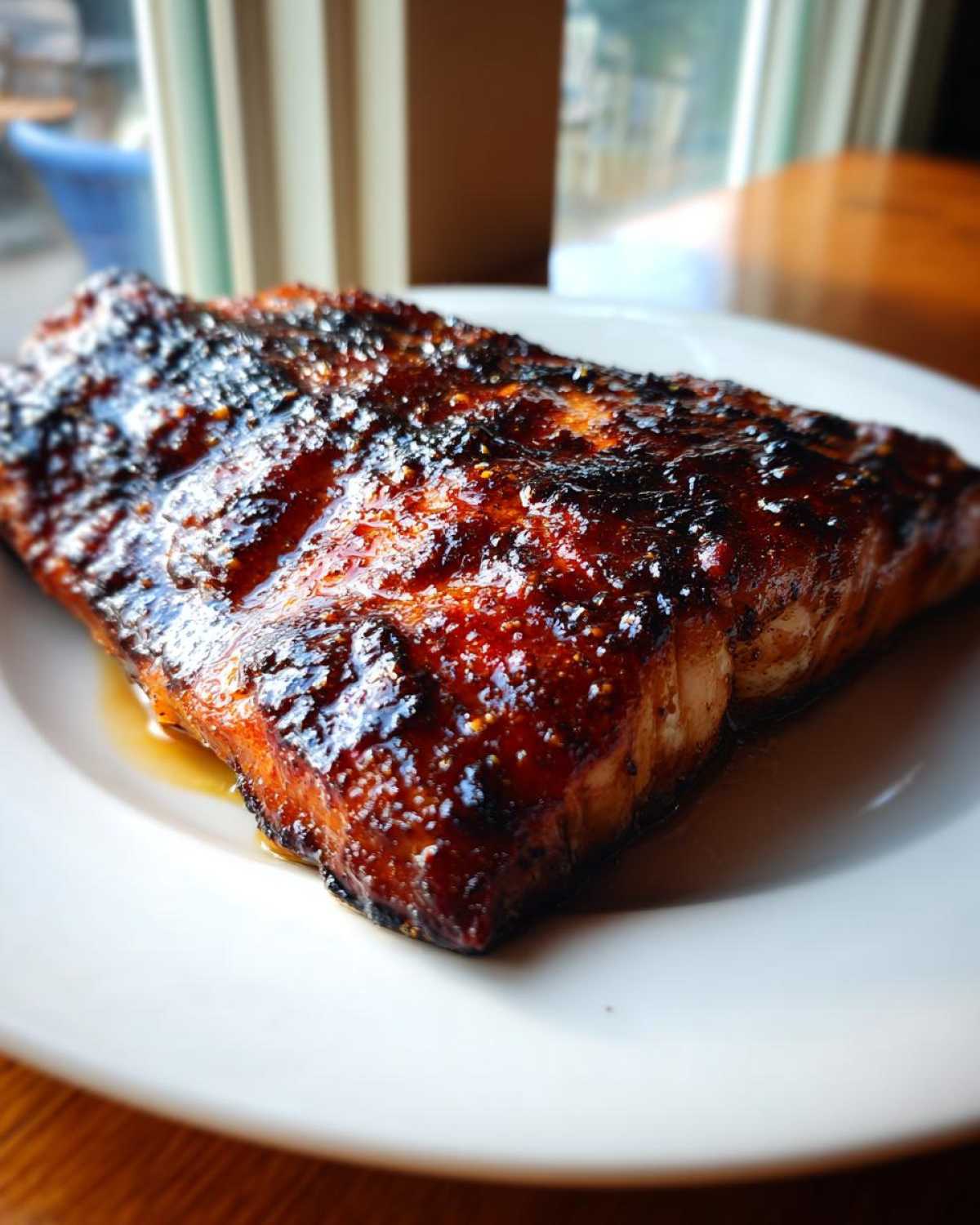 Close-up of a perfectly cooked salmon fillet with a dark, caramelized glaze served on a white plate.
