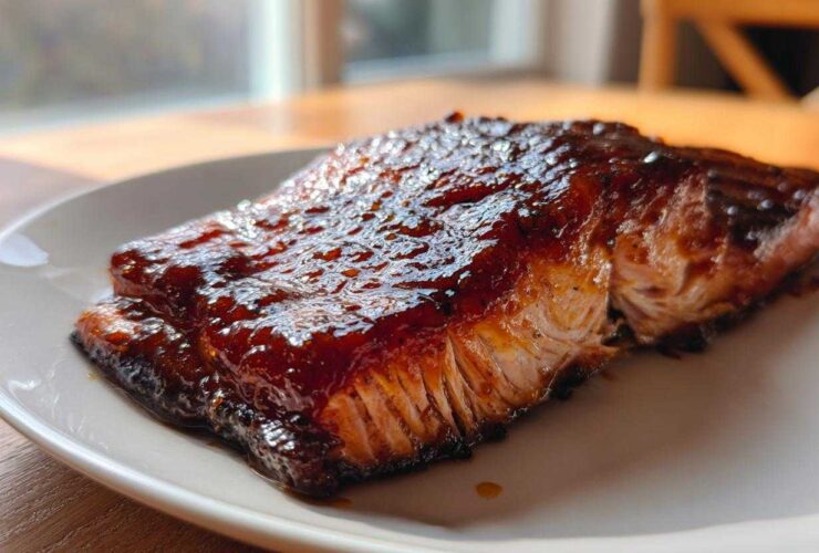 Close-up of a perfectly cooked, glazed salmon fillet resting on a white plate.