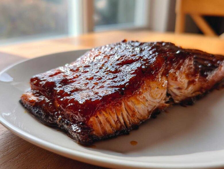 Close-up of a perfectly cooked, glazed salmon fillet resting on a white plate.