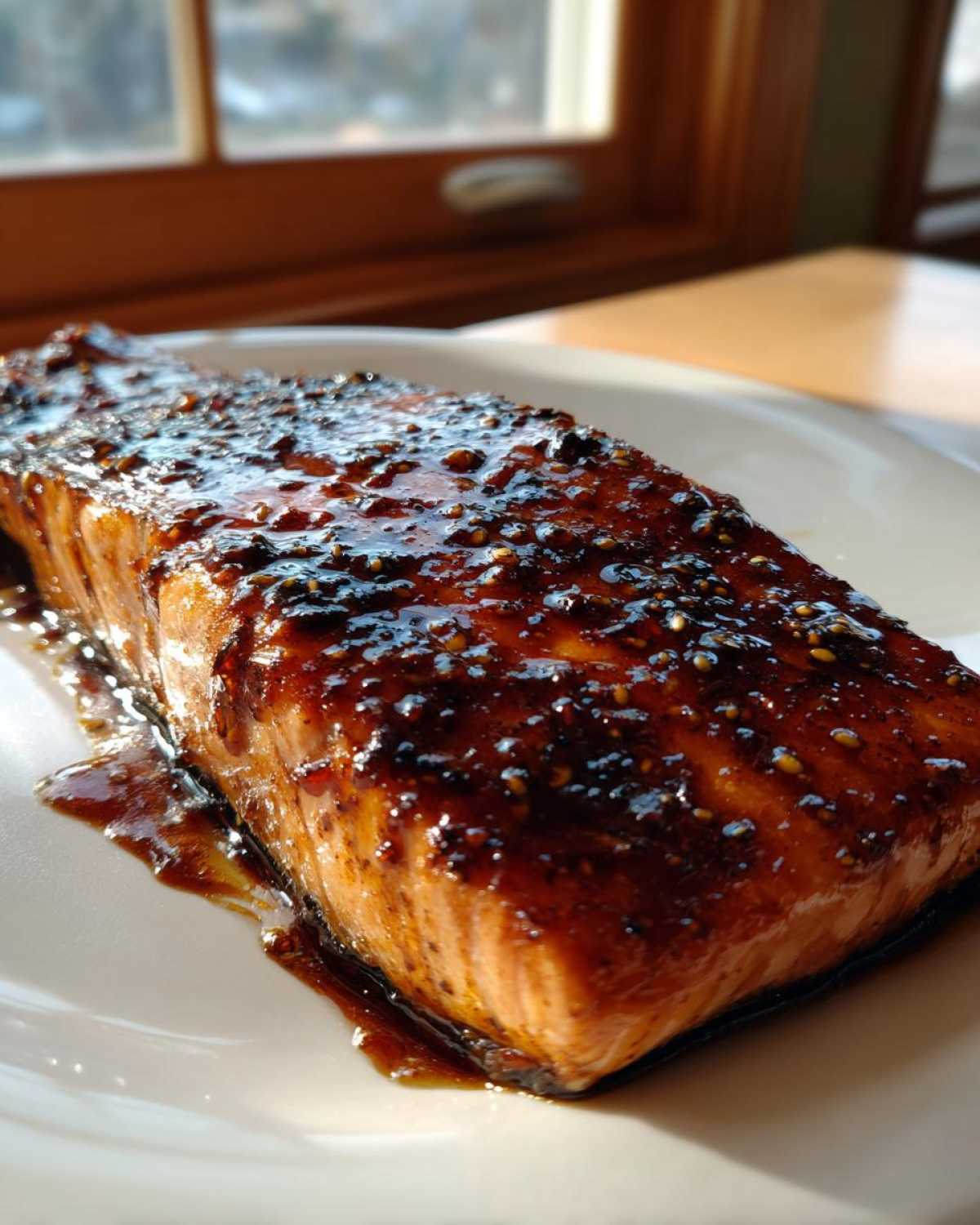 Close-up of a perfectly cooked salmon fillet covered in a thick, dark, glossy glaze with sesame seeds.