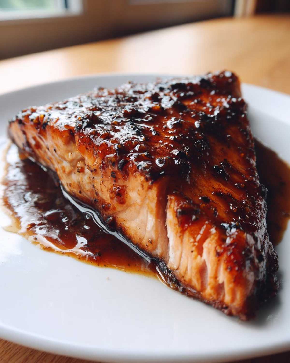 Close-up of a perfectly cooked salmon fillet covered in a thick, dark, glossy glaze, served on a white plate.