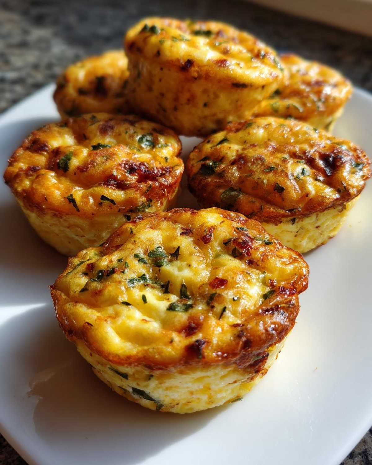 Close-up of several golden brown, fluffy egg bites sprinkled with green herbs on a white plate.