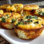 Close-up of several golden brown, baked egg bites with visible spinach and cheese, served on a white rectangular plate.