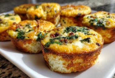 Close-up of several golden brown, baked egg bites with visible spinach and cheese, served on a white rectangular plate.