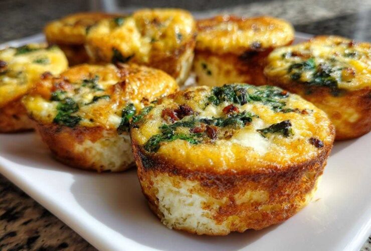Close-up of several golden brown, baked egg bites with visible spinach and cheese, served on a white rectangular plate.
